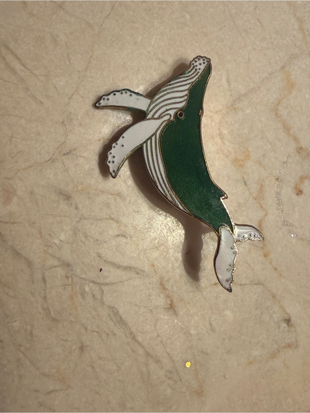 Green and White 1988 mary croxton Alaska Whale Enamel Pin
